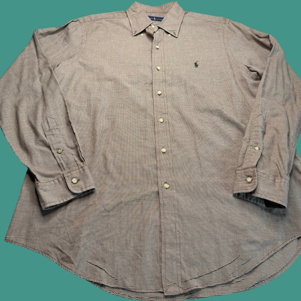 Ralph Lauren Button Down Shirt Large Brown Houndstooth Check Pony Long Sleeve